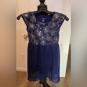 Girl Formal Dress George Kids Dress in Navy with Silver Floral Design (Size 7-8)